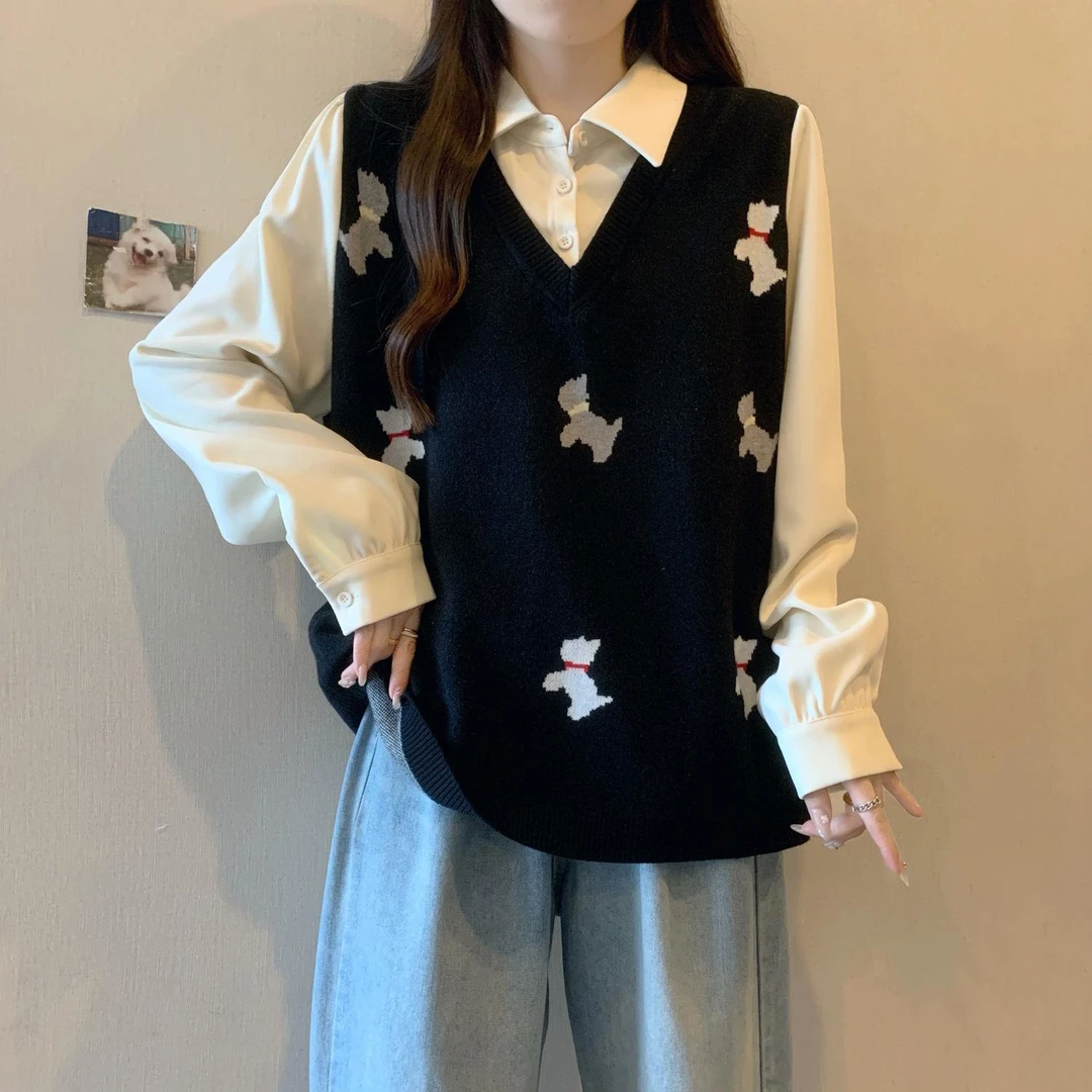 大码秋冬新款时尚百搭洋气宽松遮肉显瘦拼接针织马甲假两件上衣女