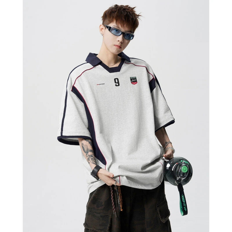 美式运动polo衫男夏季高街设计感印花T恤宽松休闲短袖半袖百搭ins