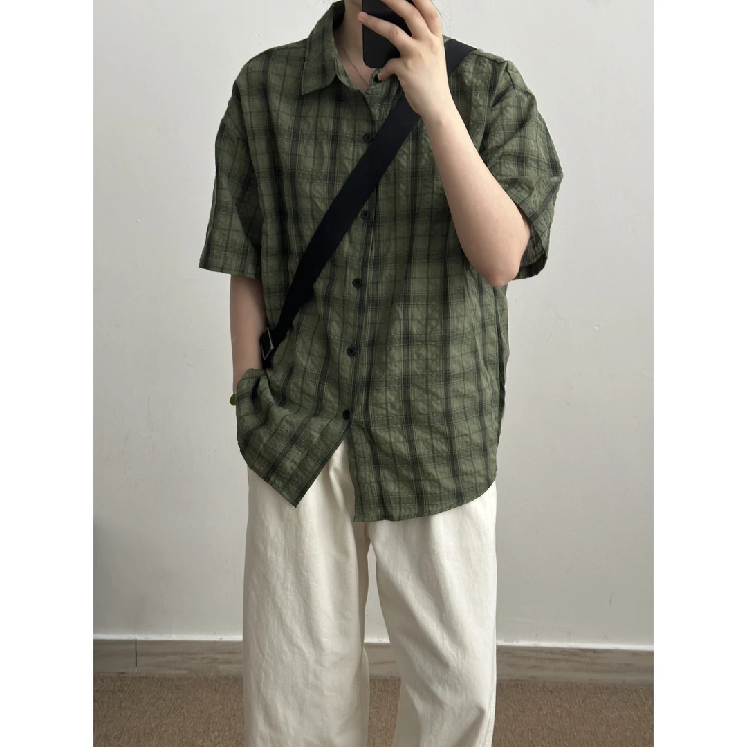 格子短袖衬衫男夏季新款韩版i风轻薄透气百搭宽松休闲凉感衬衫 ·