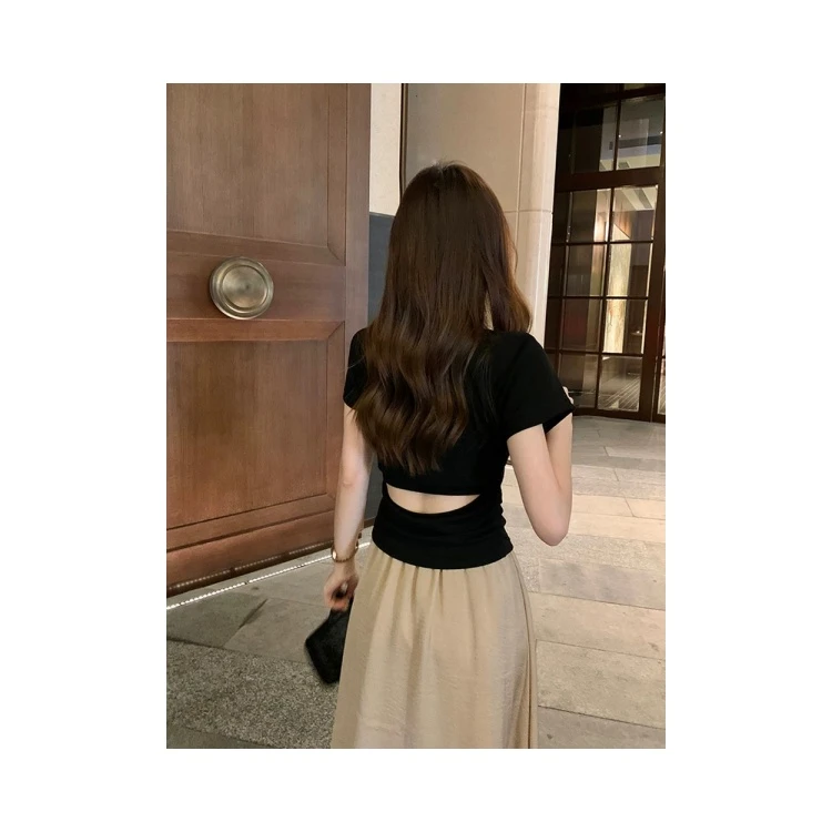 E念2025SS新款圆领露腰设计感镂空短袖T恤夏季百搭紧身外穿