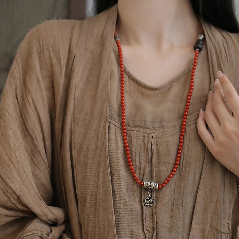 链子925银 N17612《意浓》红珠莲花葫芦醒狮吊坠花桶珠铜钱骰子项链