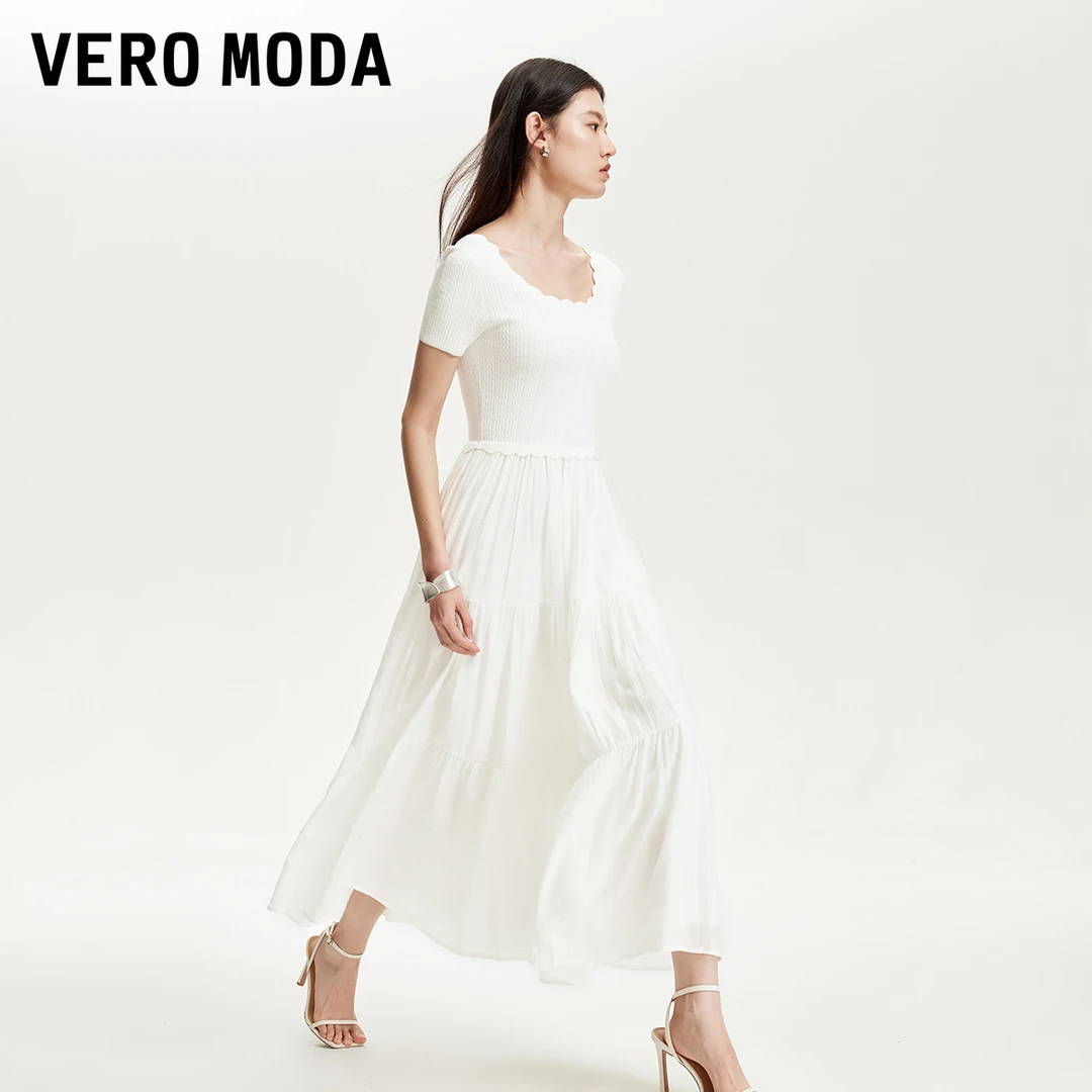 Vero Moda连衣裙女春季新款波浪圆领多材质拼接连衣裙325146021