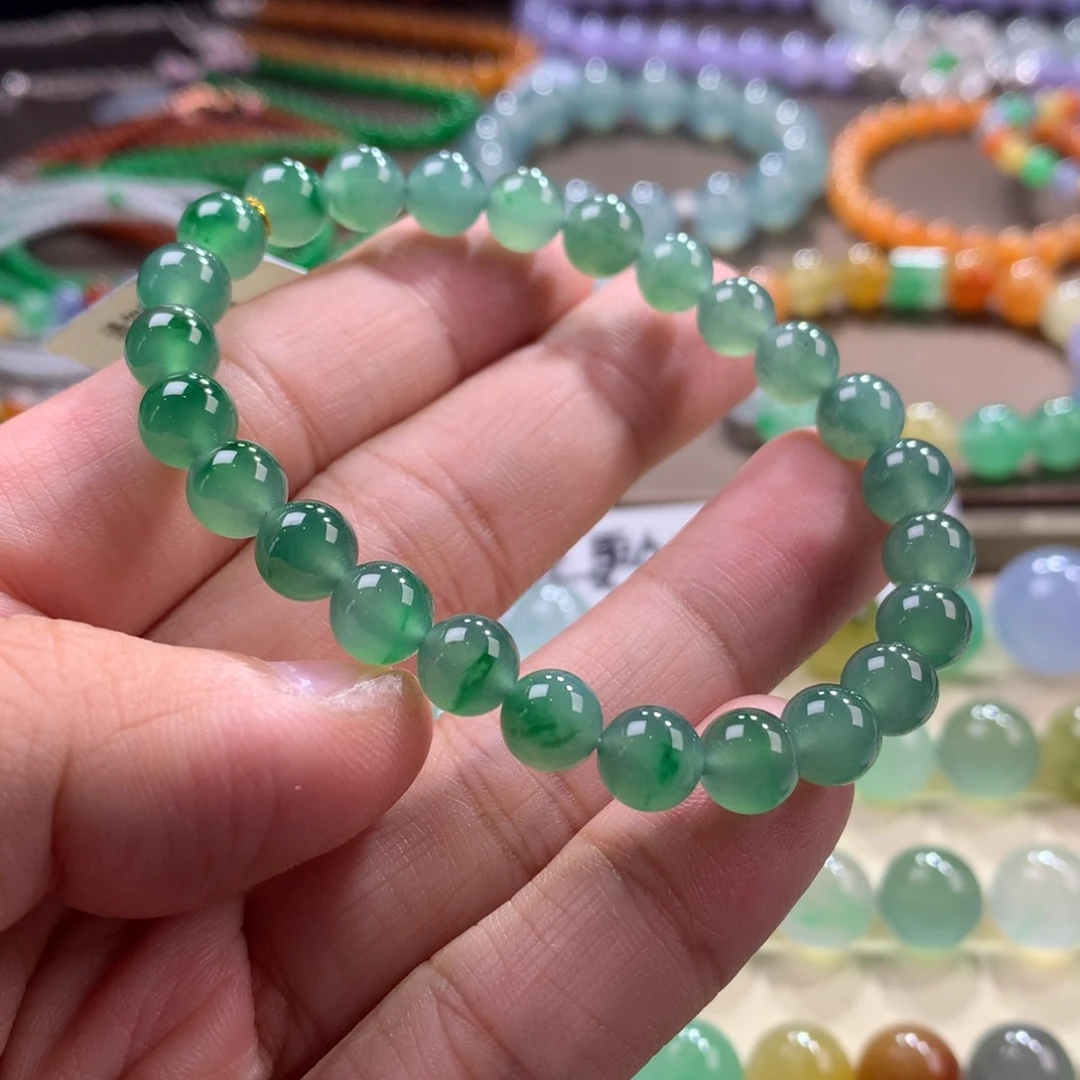 未镶嵌手链翡翠大漏！卡7冰胶果冻底冰绿飘花手串