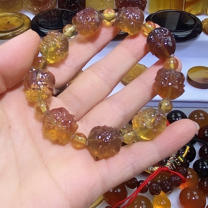 琥珀未镶嵌吊坠(不含链)天然缅甸琥珀金棕十八罗汉手串