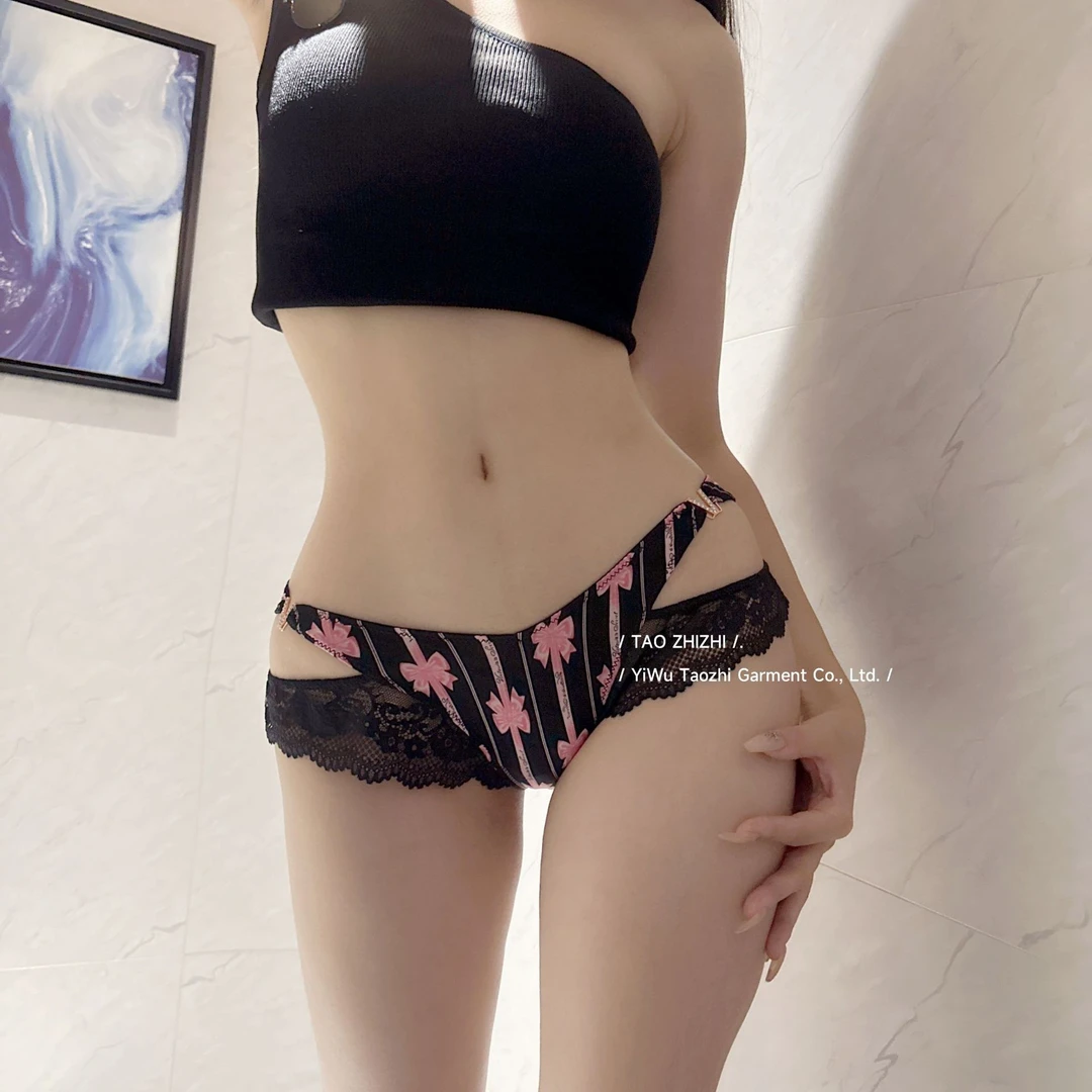 暮夜魅惑* 气质拼接字母印花蕾丝内裤女士低腰交叉镂空透气三角裤
