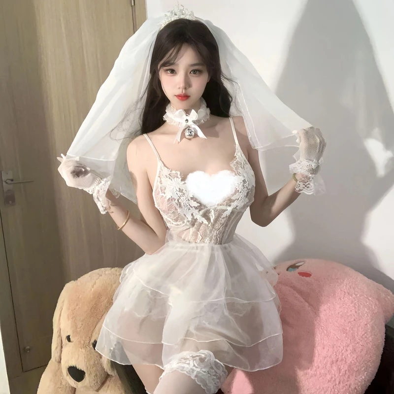 纯欲风新款性感蕾丝网纱镂空白色公主日系火辣甜美小胸连体家居服