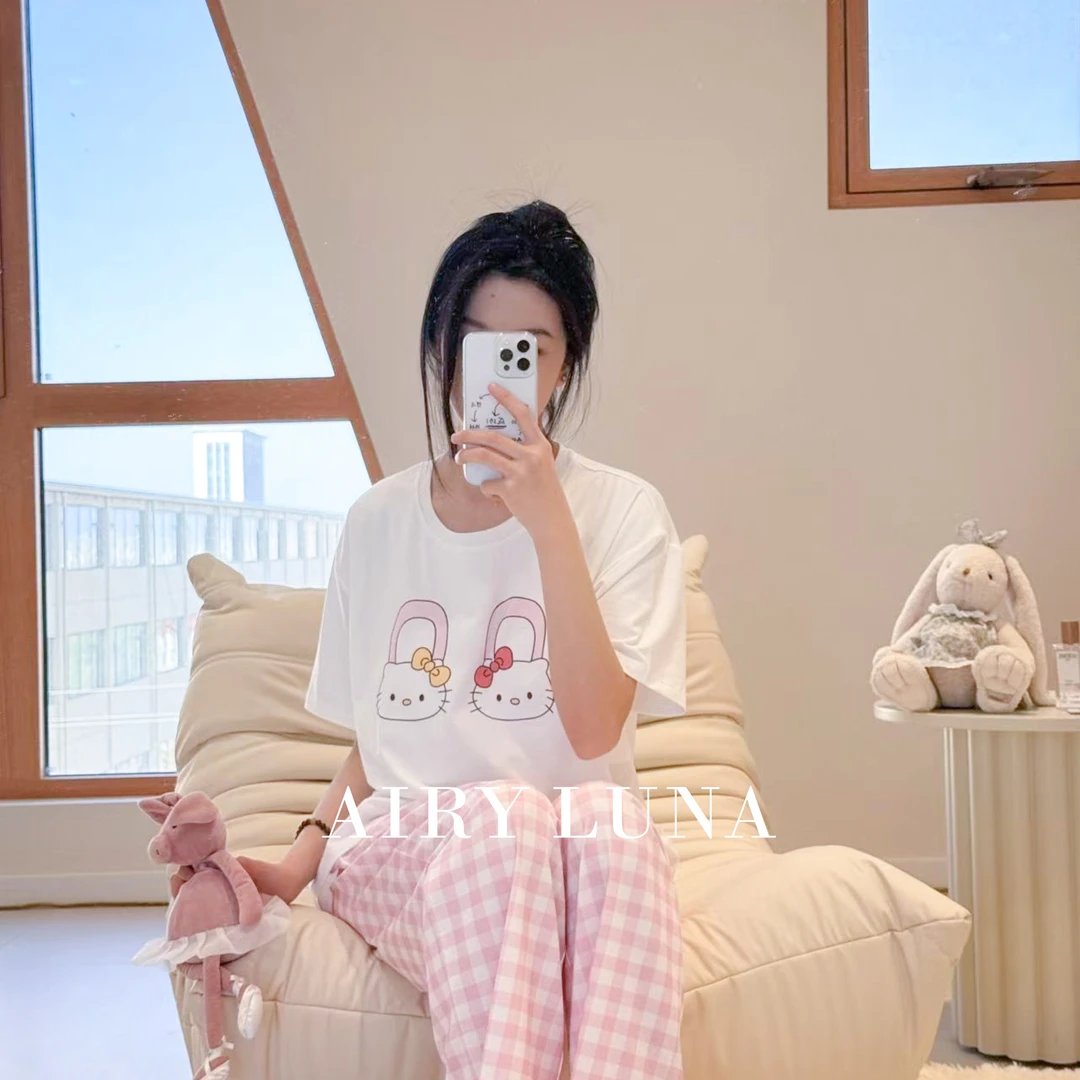 夏季莫代尔棉可爱卡通休闲睡衣女家居服，带胸垫女家居服套装