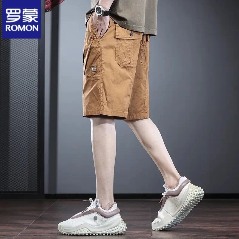 罗蒙潮牌原创休闲短裤男夏季宽松中裤橘黄色外穿半截裤工装五分裤