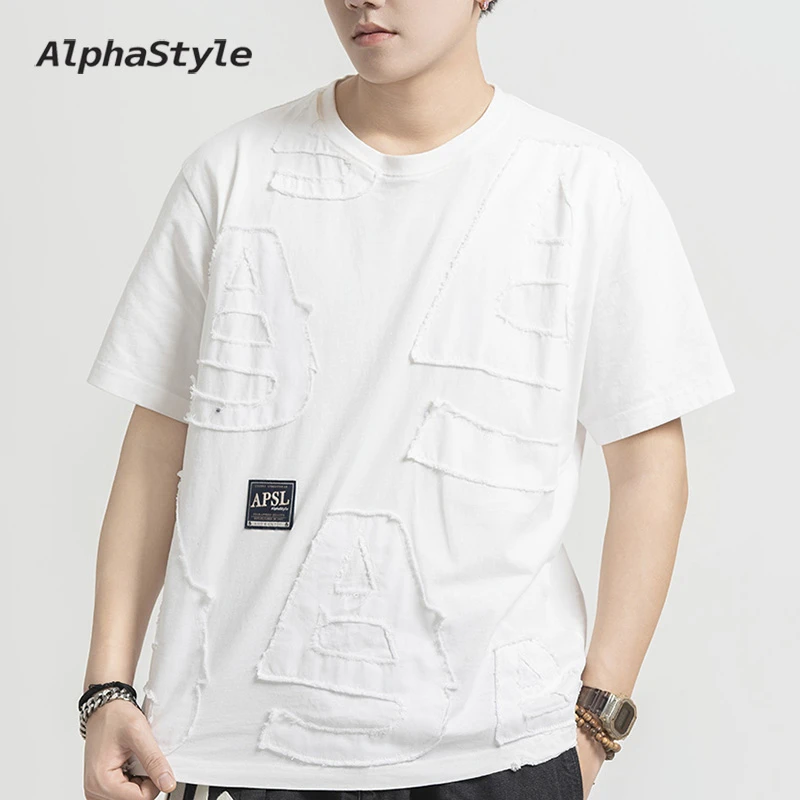 AlphaStyle潮牌美式重磅贴布拼接短袖休闲男女情侣款T恤夏短袖B