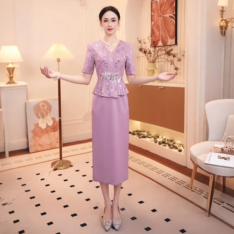 初秋穿搭喜婆婆婚宴礼服紫色喜妈婚礼连衣裙显瘦小个子平时也能穿