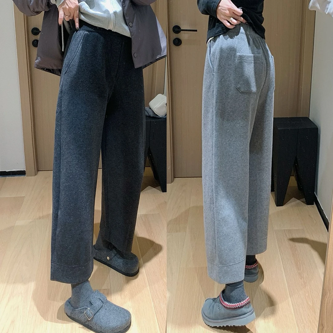 秋冬新款加厚毛呢山本裤梨形身材小个子显瘦百搭九分阔腿休闲裤