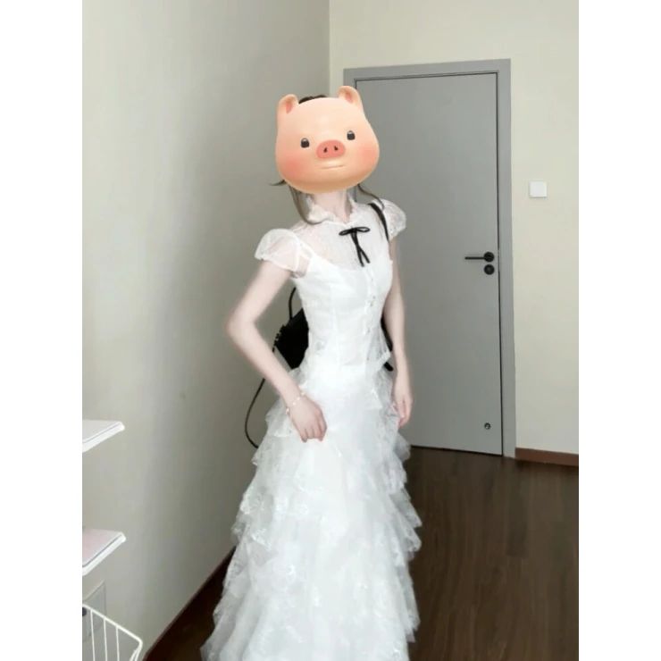 MARIE.COCO纯欲芭蕾风拉夫领蕾丝泡泡袖衬衫女小香风网纱蛋糕裙子