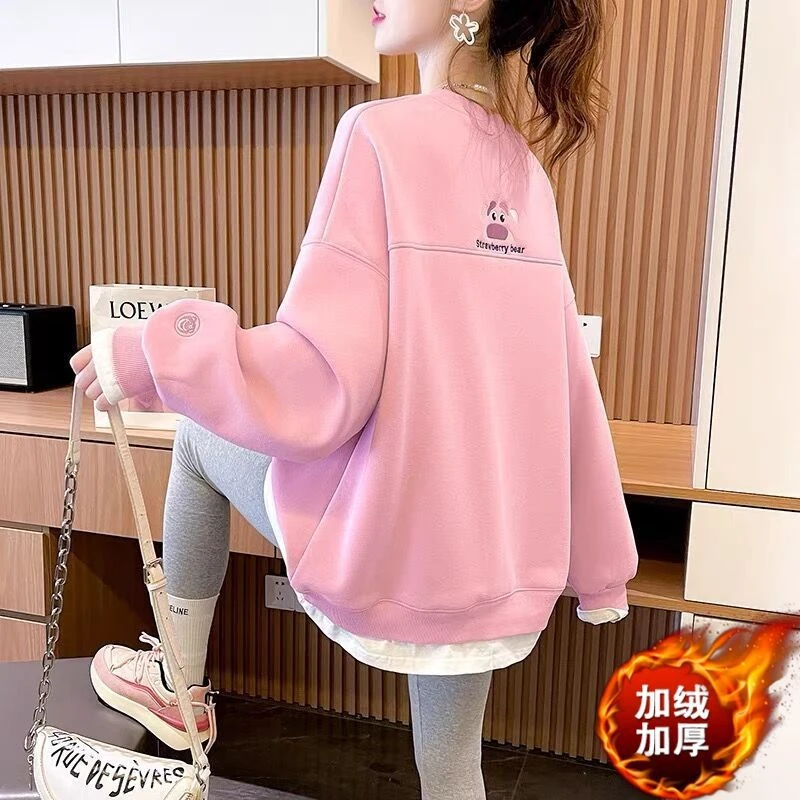 加厚新款秋冬新款卡通刺绣加设计感百搭假两件圆领洋气卫衣加绒潮