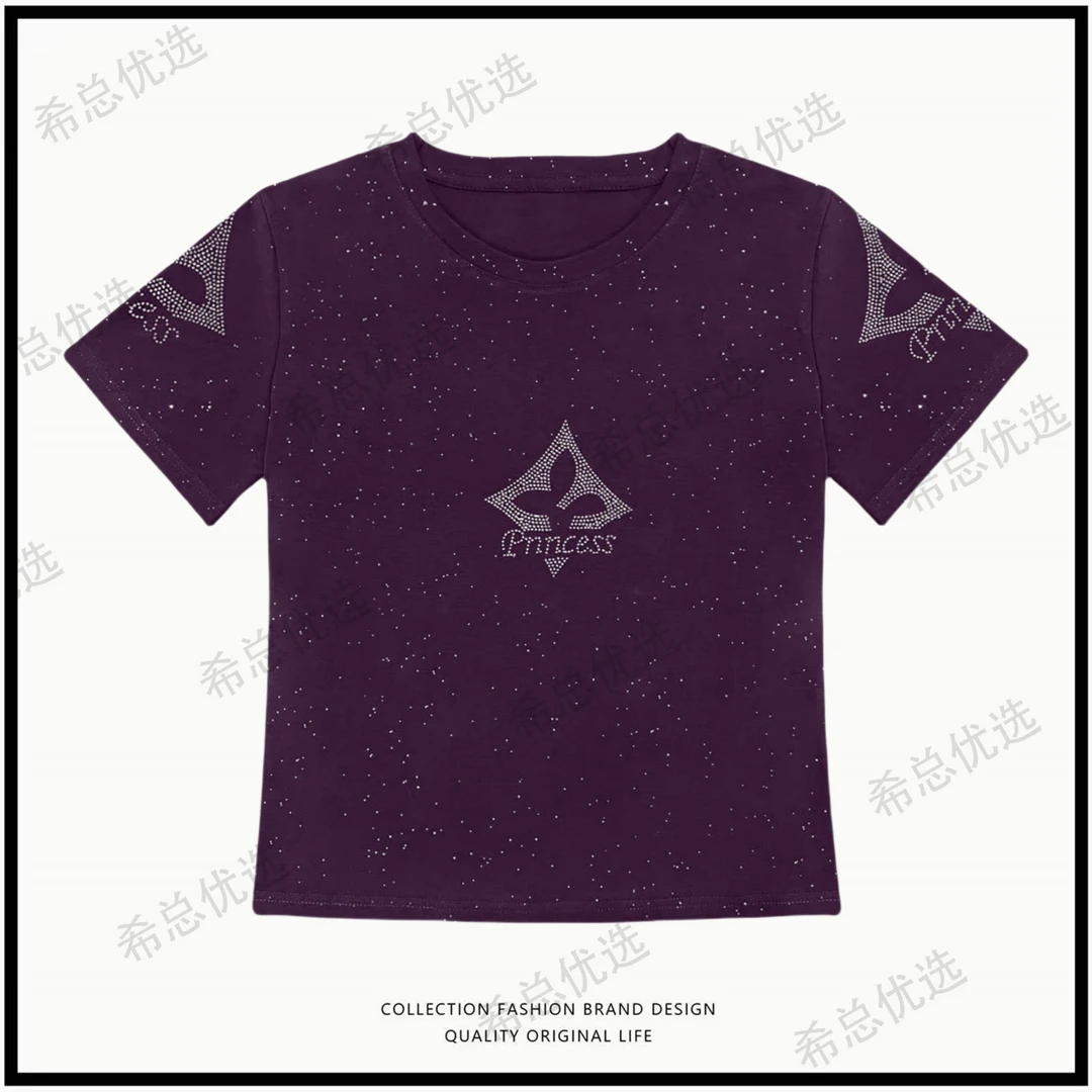 满印撒银五角星字母烫钻短袖T恤女2025夏季新款显瘦时尚圆领上衣
