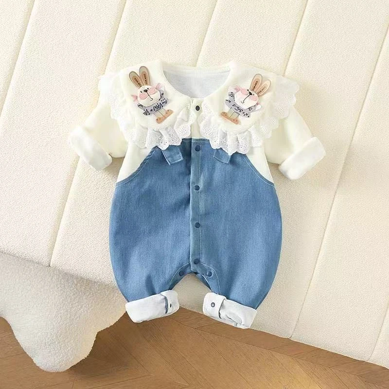 婴幼儿春秋长袖兔宝牛仔假两件女宝洋气连体衣宝宝婴儿