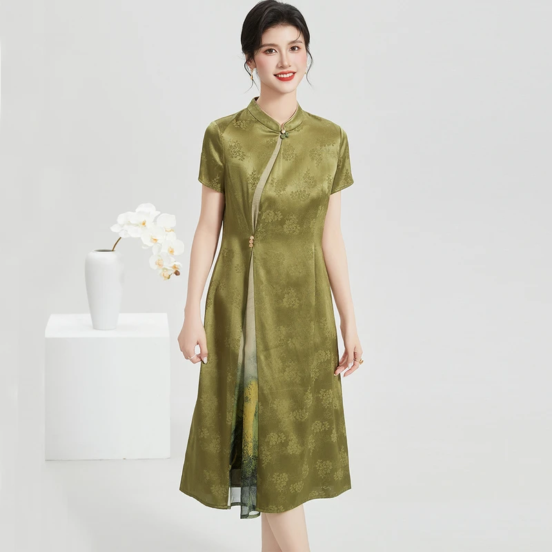 【新中式改良旗袍】桑蚕丝夏季立领短袖舒适通勤百搭女式连衣裙