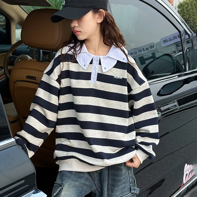 女童冬装卫衣2025新款儿童洋气条纹polo衫女大童加绒加厚宽松上衣