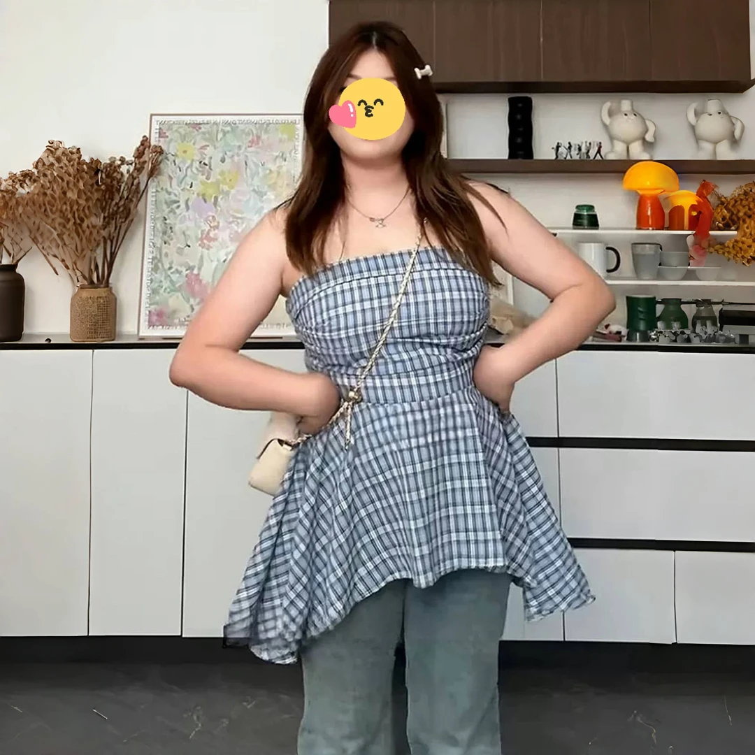 大码甜辣无袖格子抹胸背心女夏季胖mm收腰显瘦超好看外穿露肩上衣