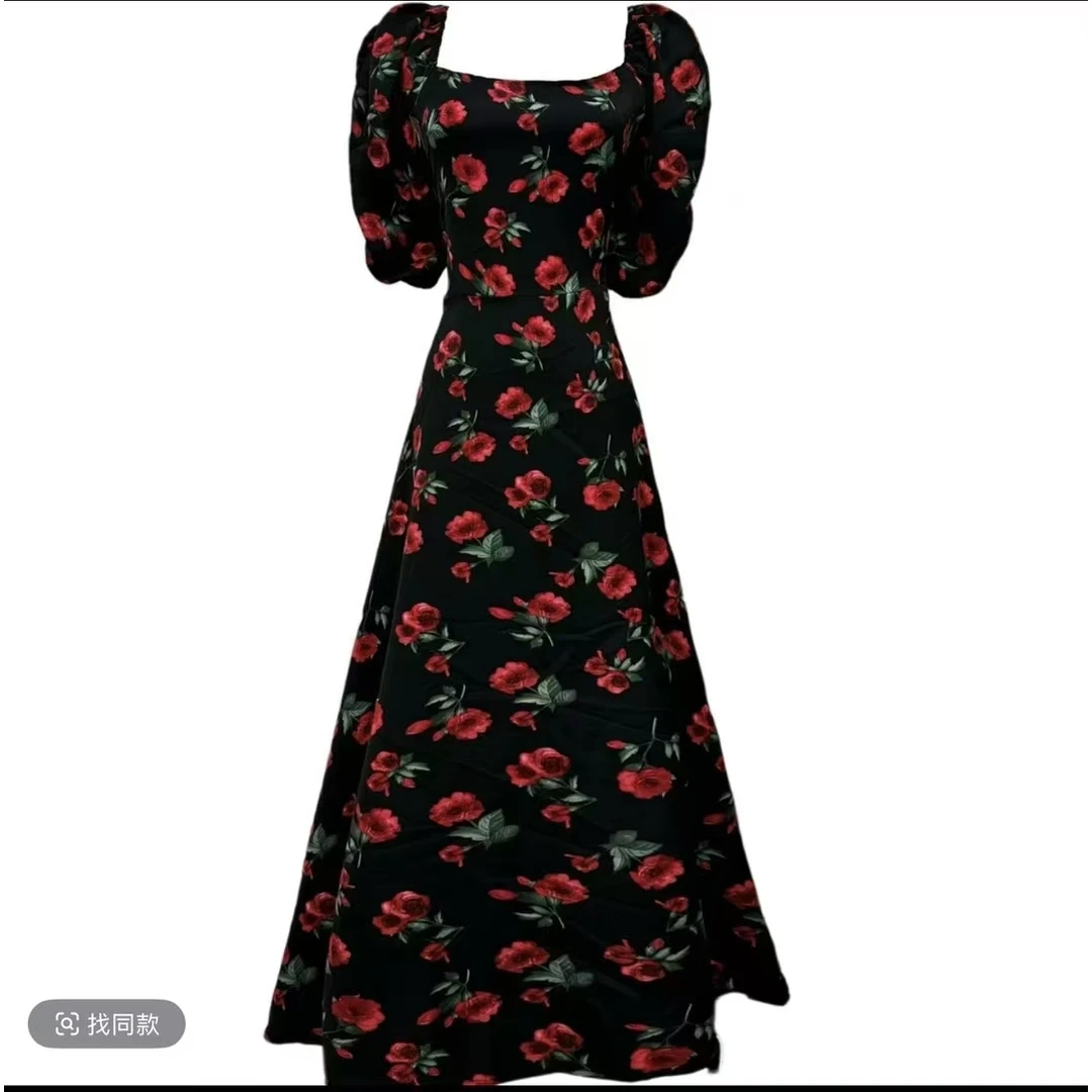 【老四推荐】【野玫瑰】后背打揽碎花连衣裙女夏泡泡袖气质长裙9186