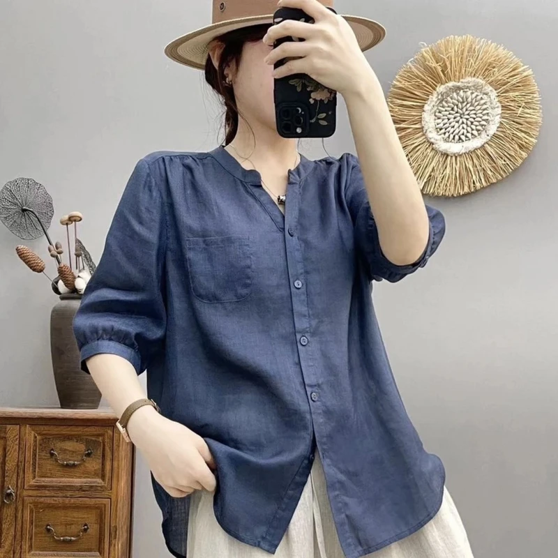 夏季新款百搭V领100苎麻衬衫女复古文艺纯色显瘦衬衣宽松半袖上衣