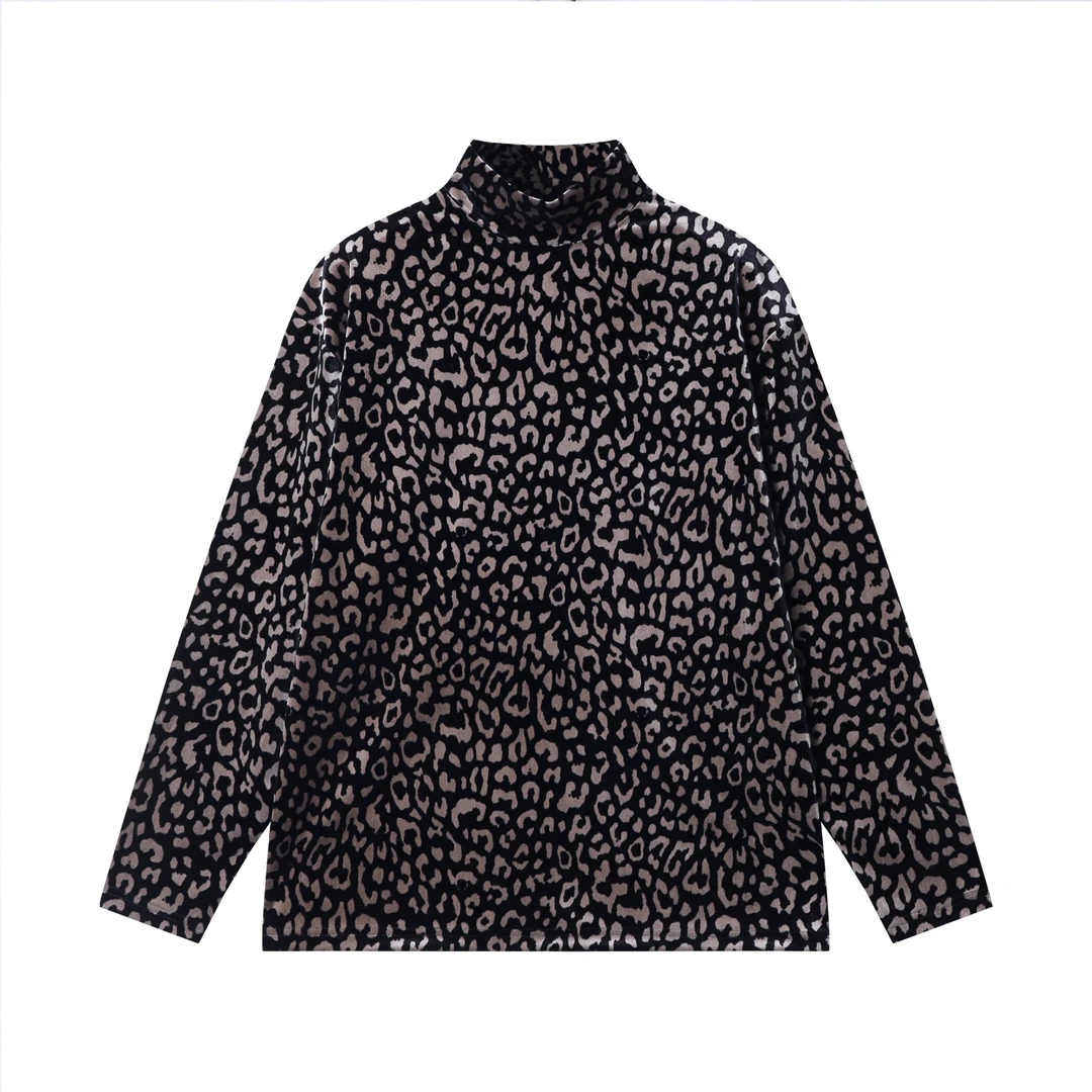 T1975新款时尚个性绒面撞色豹纹印花半高领长袖T恤百搭简约潮流