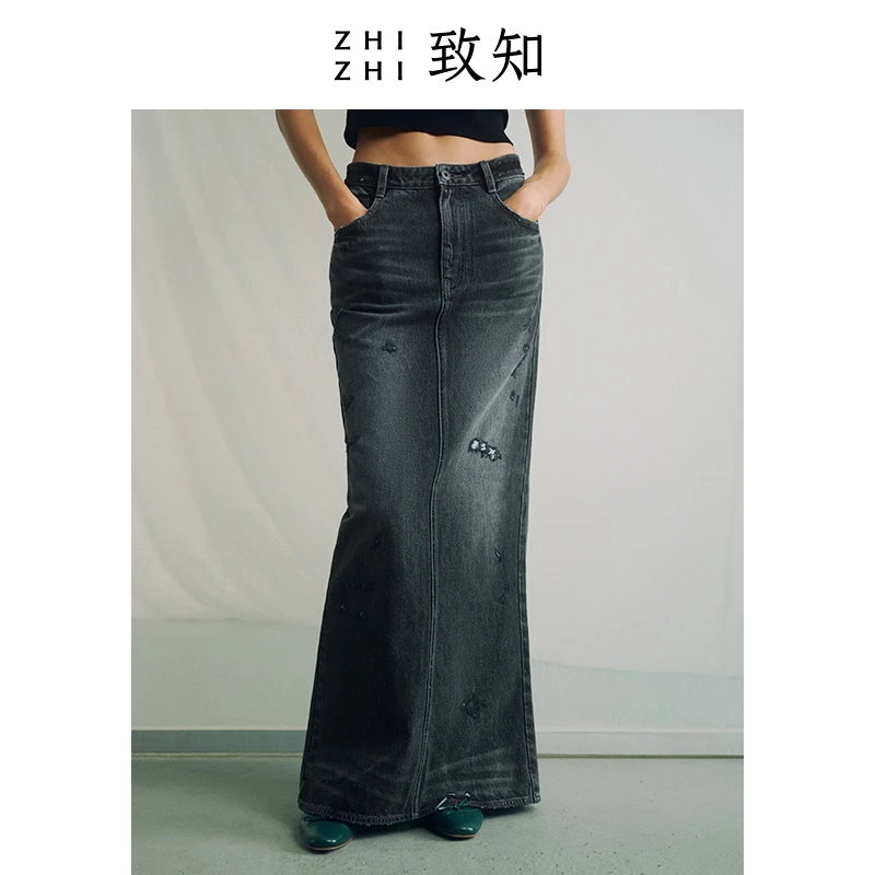 致知 个侬 磨损做旧牛仔半裙2024年新款加弹重磅ZZ2DSWBX006