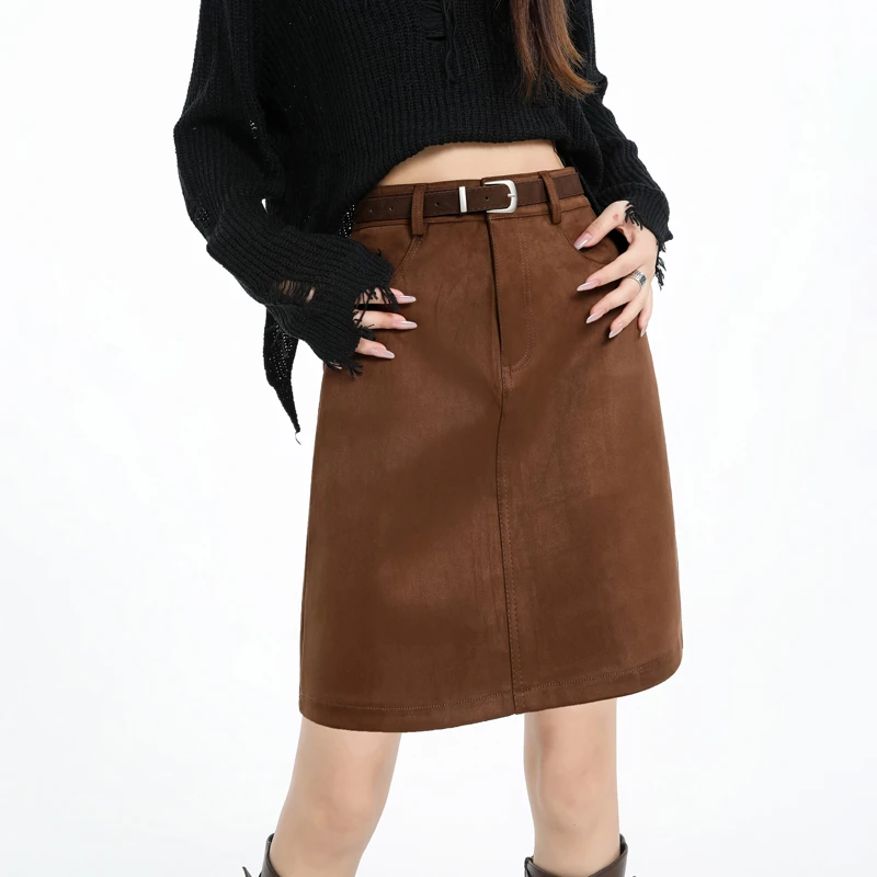 复古口袋鹿皮绒半身裙中裙2025秋冬新款高腰显瘦大码A字包臀短裙
