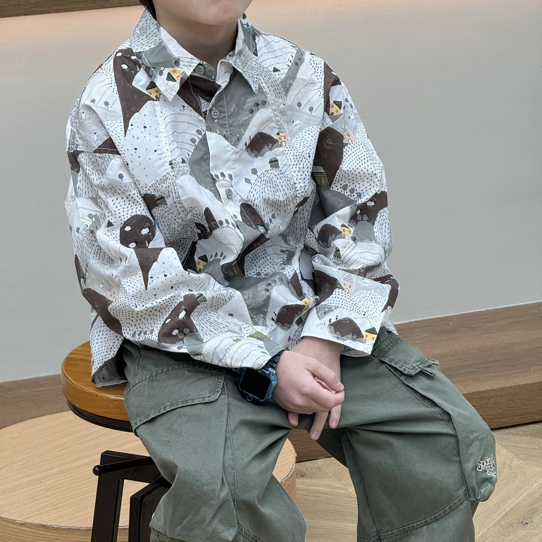 vilimama2025春款满印设计感不规则裁剪翻领衬衫V55367 儿童宽松