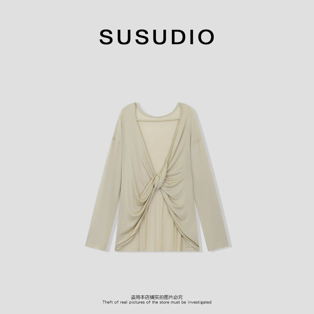 SUSUDIO 95莱赛尔春夏新款V领扭结舒适透气长袖T恤 10156