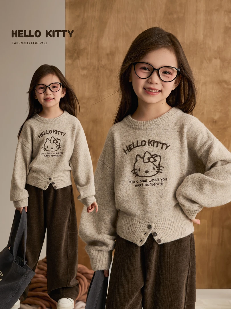 女童2025圆领毛衣秋季新款HelloKitty保暖短款上衣针织衫儿童厚款