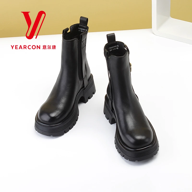 意尔康女靴烟筒靴真皮切尔西靴冬季新款舒适加绒保暖女短靴231433