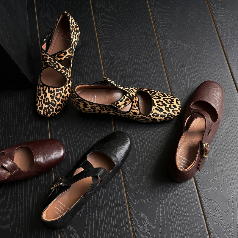 【羊皮】里外头层3.5CM时尚复古交叉绑定玛丽珍女鞋真皮复古豹纹鞋