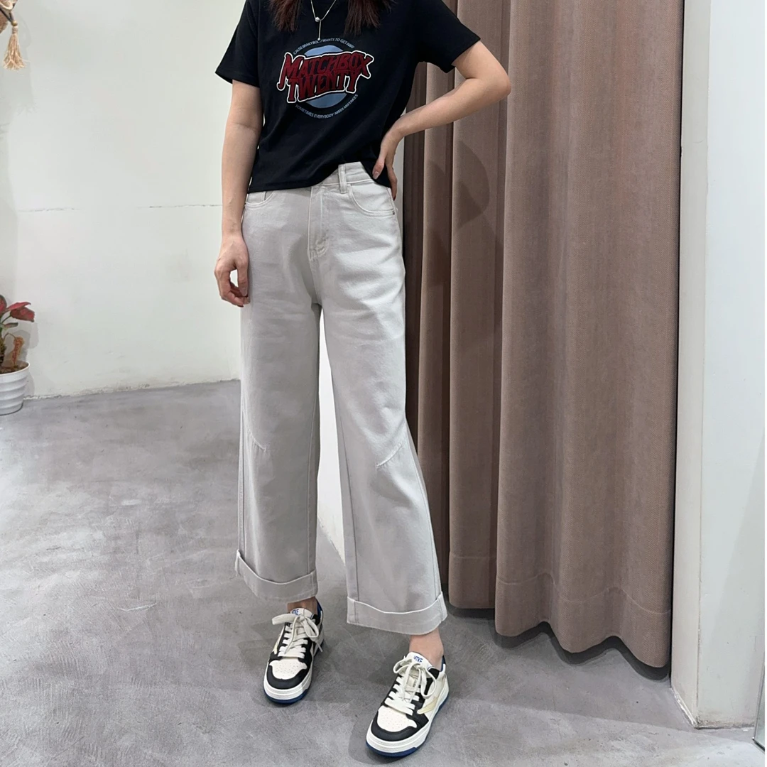 萱萱【小弯刀筒裤】春夏新款翻边微弹力米灰色直筒牛仔裤021201