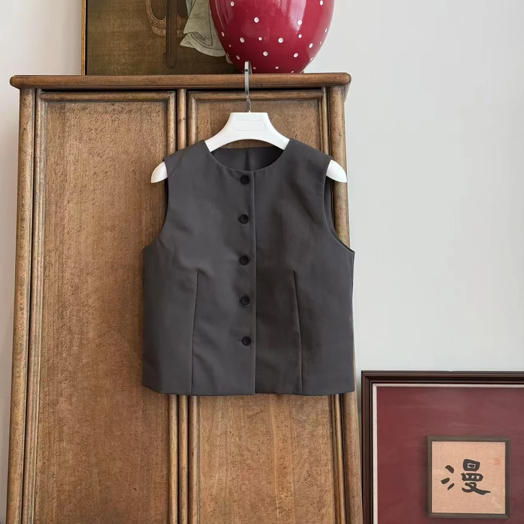 MYL 2025春季新品聚酯灰色马甲圆领无袖单排扣纯色休闲马夹上衣