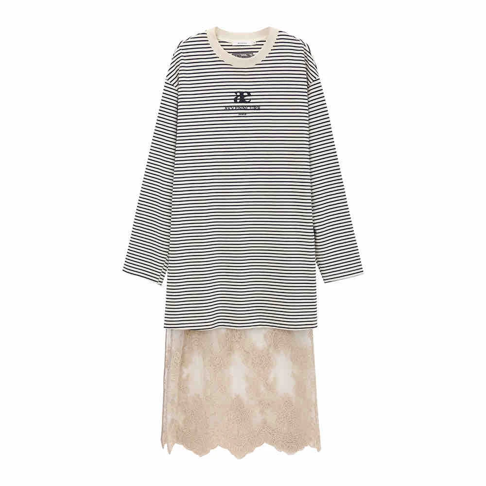 【茉舍】 AVVENN 2025春两件套T恤蕾丝连衣裙女AL11101649-1290