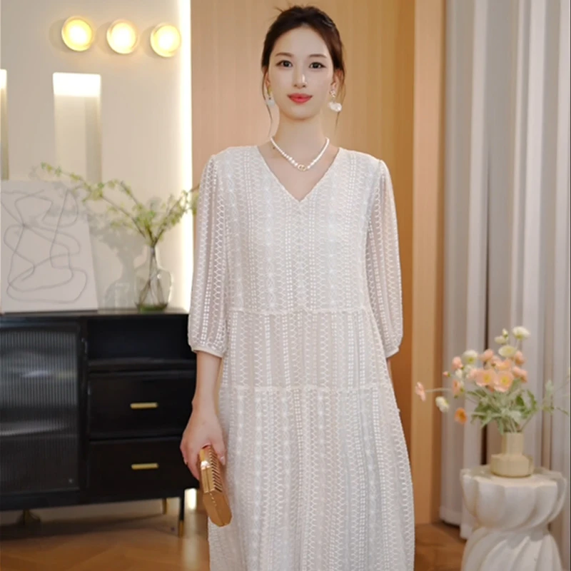 【DuShang】白色重工刺绣透气显瘦真丝桑蚕丝连衣裙DS2589