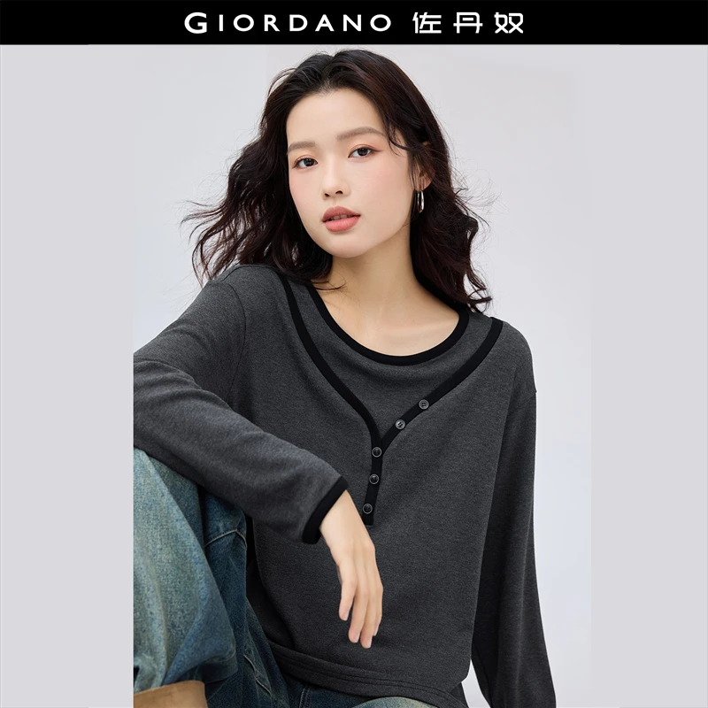 佐丹奴T恤女装磨毛假两件拼色圆领针织长袖T恤 18324809