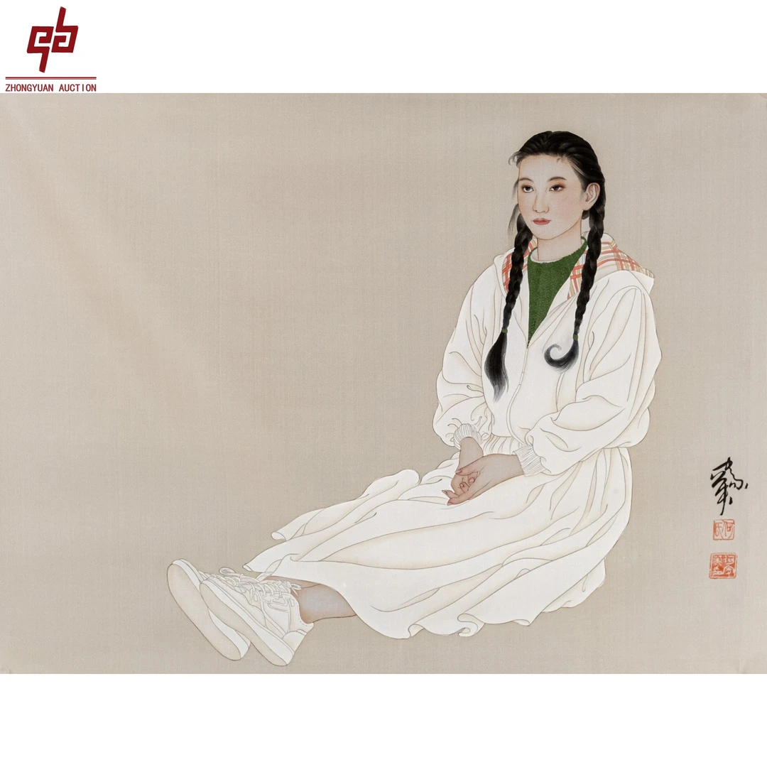 "lot5975 何家英 人物 绢本原片 64cm*83cm约4.8平尺"