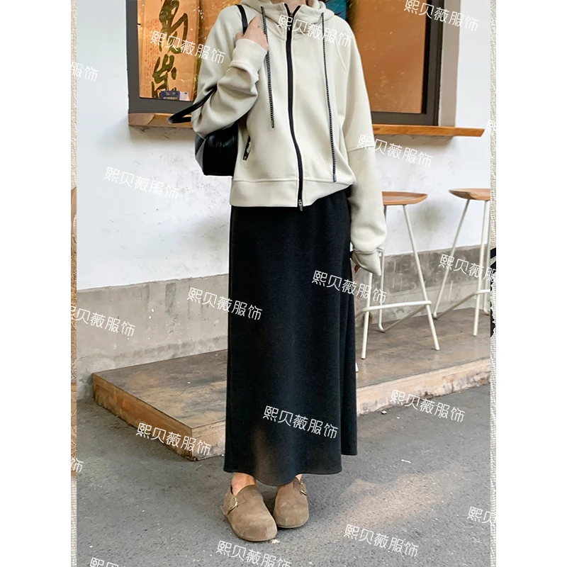 熙贝薇【纸片人】醋酸羊毛显瘦设计感百搭后开叉休闲半身裙 G5508