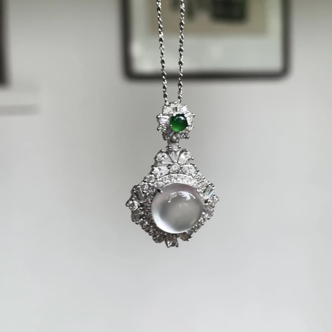 点翠蛋面吊坠｜俄国玻璃种10mm925银镀18k金镶蛋面吊坠气质女款