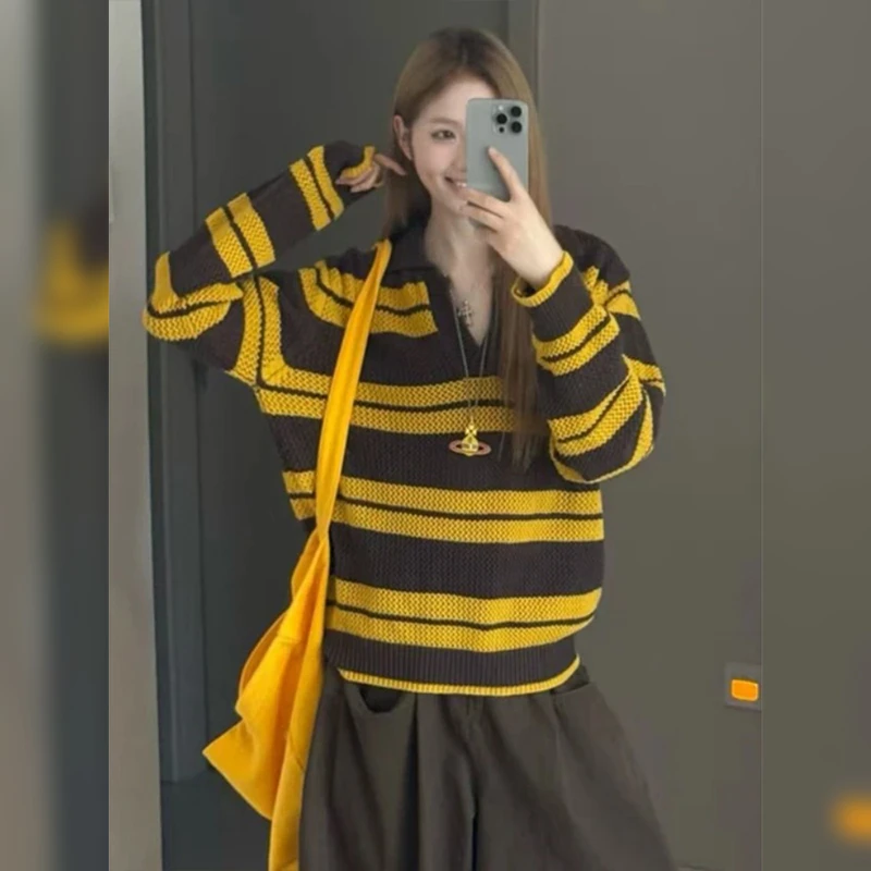 大码胖mm韩系条纹polo领长袖针织衫女2025秋季宽松巨显瘦遮肉上衣