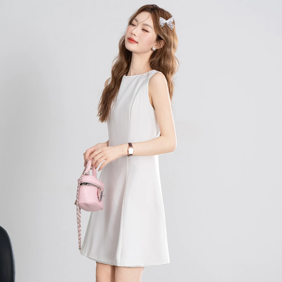 法式无袖A字背心连衣裙夏季收腰显瘦气质文艺纯色简约百搭连衣裙
