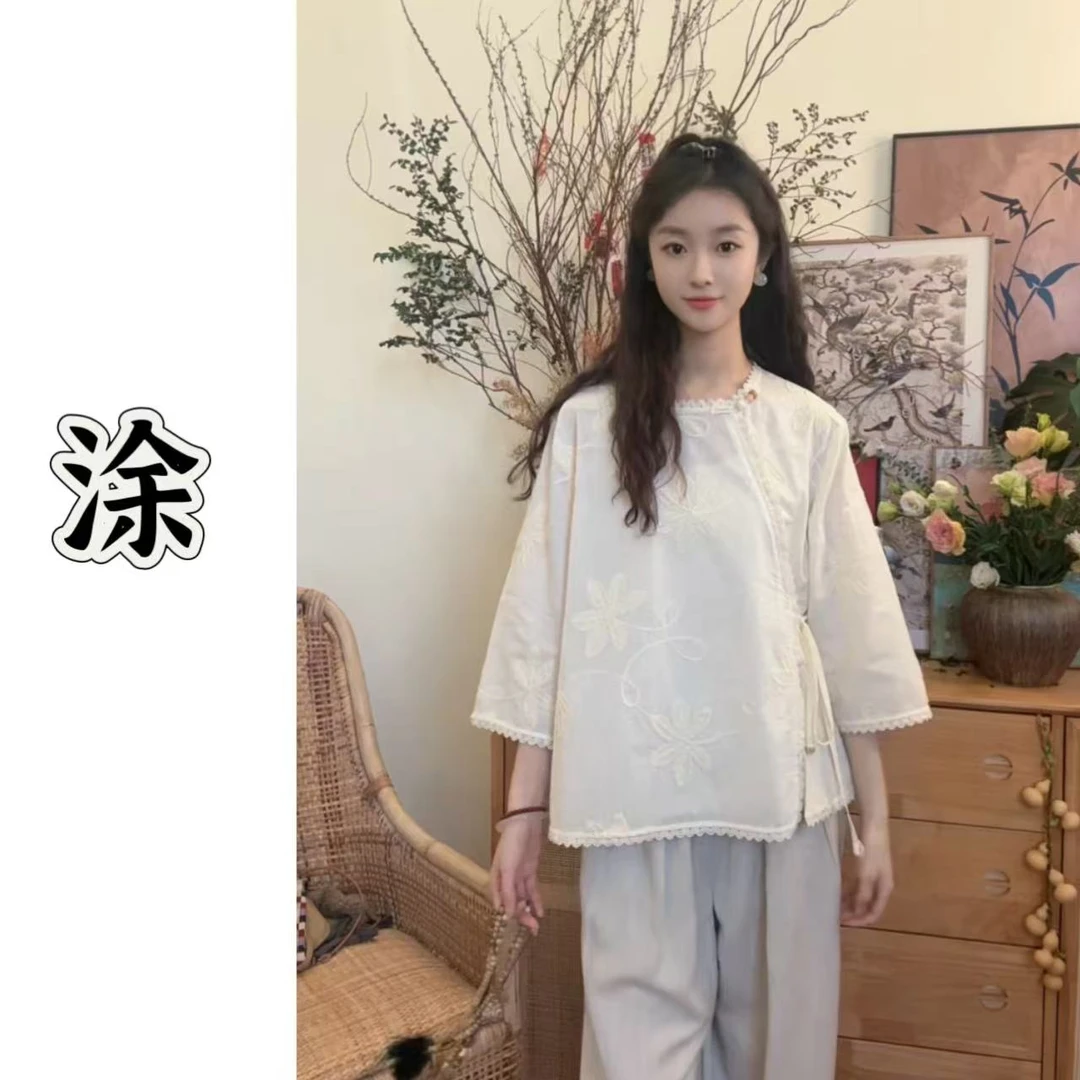 涂涂国风【木冉】原创设计中式夏季禅意刺绣圆领斜襟上衣茶服
