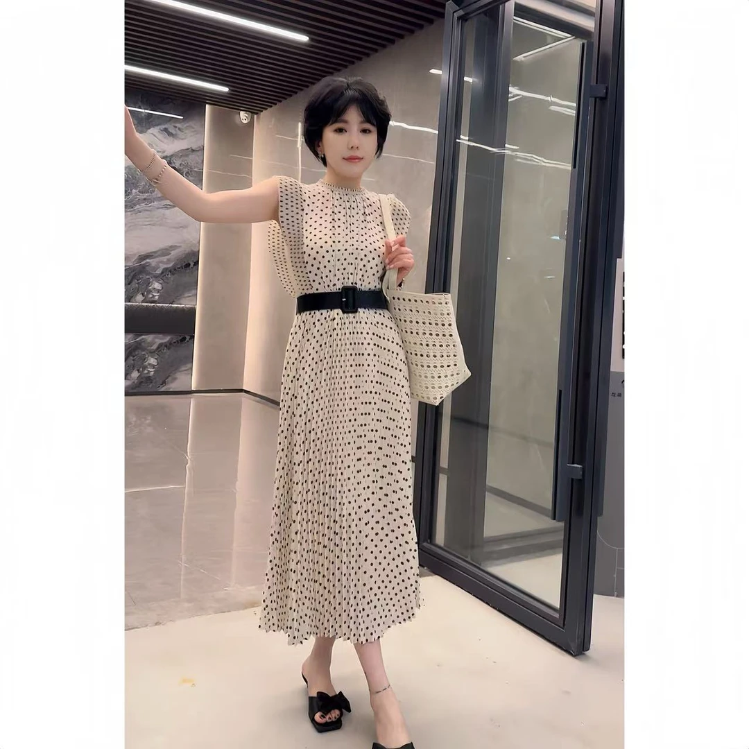 【小懒专属】法式波点连衣裙立领无袖收腰气质显瘦女士长裙TDG012