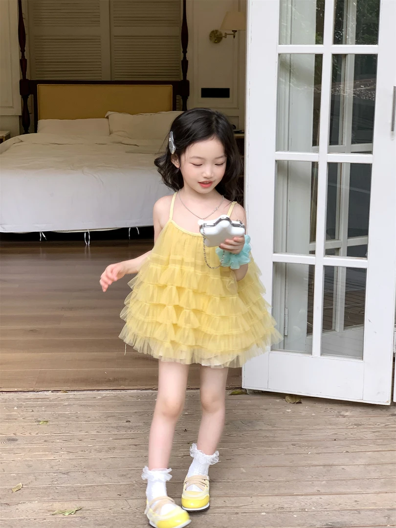 2025夏季新款女童洋气甜心吊带背心＋休闲短裤两件套儿童纱纱套装