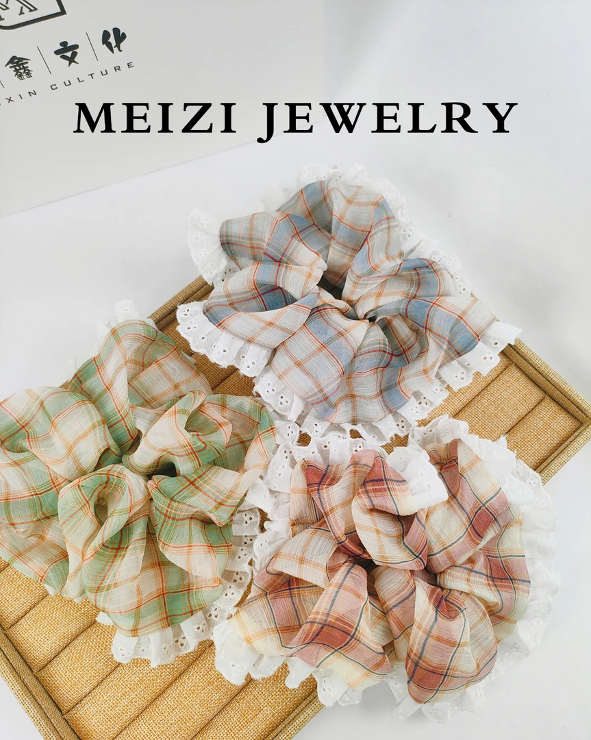 蕾丝格子花边大肠发圈女新款扎头发头花复古气质头绳头饰发饰