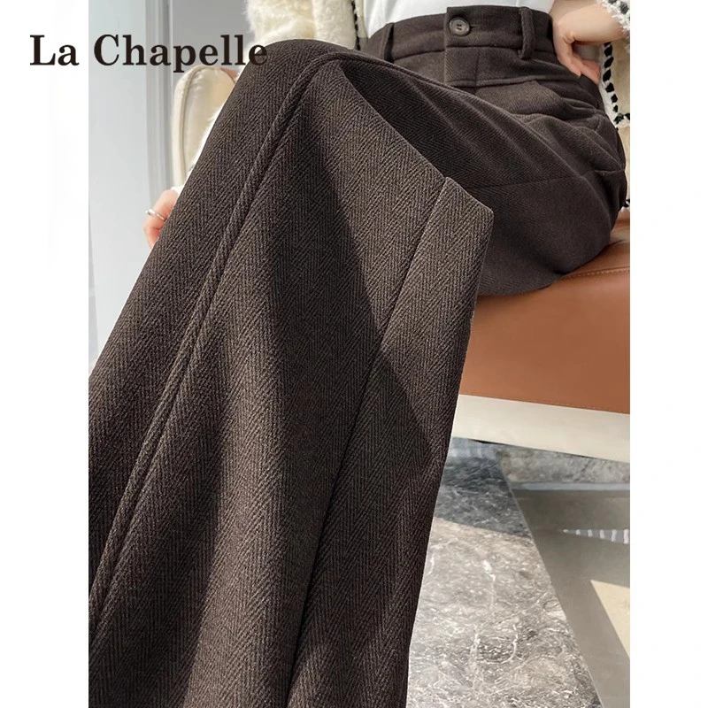 拉夏贝尔咖色人字纹毛呢裤女秋冬新款加绒慵懒松弛感弯刀阔腿裤子
