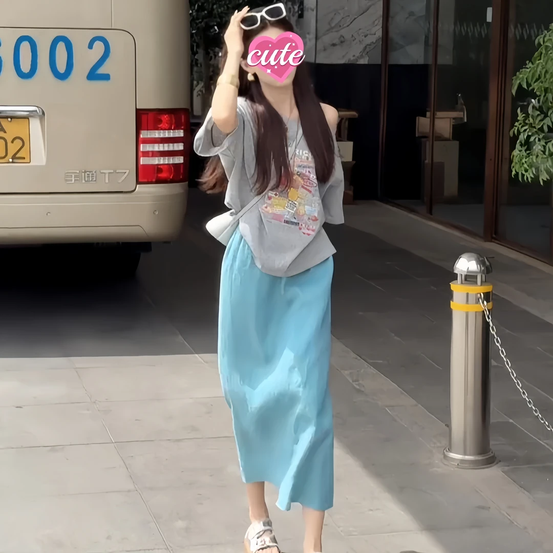 2025直筒裙显瘦原宿风半身裙套装印花上衣半裙法式休闲