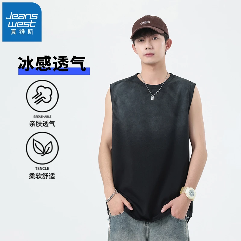 真维斯美式做旧水洗背心男夏季重磅圆领宽松运动休闲坎肩无袖t恤