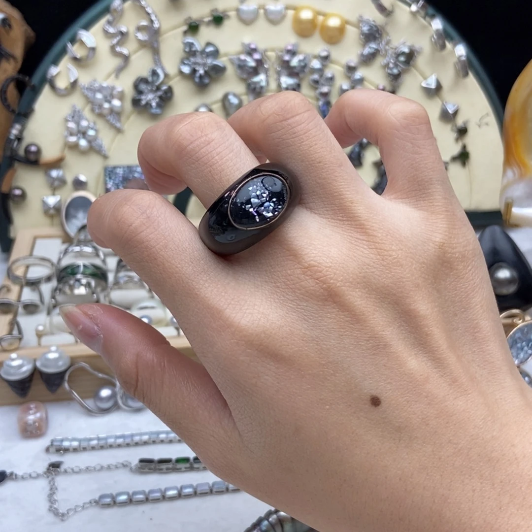 未镶嵌海水珍珠画框黑玛瑙珠碎蝴蝶戒指20号